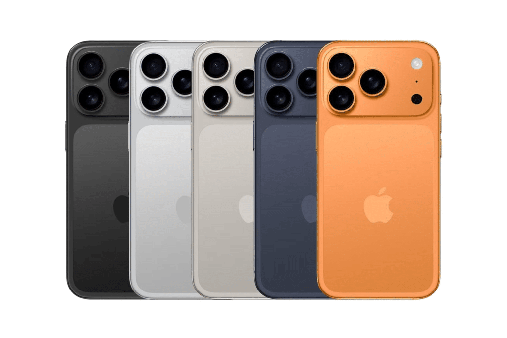 Five iPhones are displayed in a row, each in a different color—black, light gray, white, blue, and orange—highlighting the vibrant shift of new colors for the iPhone 17 Pro with the Apple logo and dual camera lenses on the back.