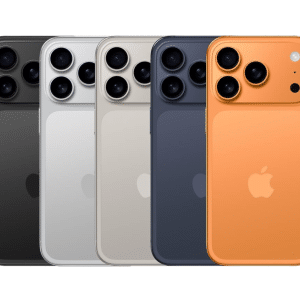 Five iPhones are displayed in a row, each in a different color—black, light gray, white, blue, and orange—highlighting the vibrant shift of new colors for the iPhone 17 Pro with the Apple logo and dual camera lenses on the back.