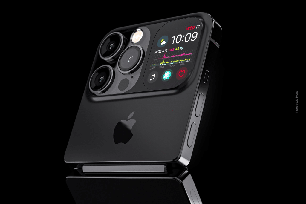 A sleek, black foldable iPhone with three large camera lenses and a small external screen showing time, date, and fitness stats, displayed against a reflective black background. An impressive leap in Apple display production.