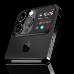 A sleek, black foldable iPhone with three large camera lenses and a small external screen showing time, date, and fitness stats, displayed against a reflective black background. An impressive leap in Apple display production.