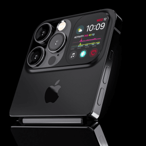 A sleek, black foldable iPhone with three large camera lenses and a small external screen showing time, date, and fitness stats, displayed against a reflective black background. An impressive leap in Apple display production.