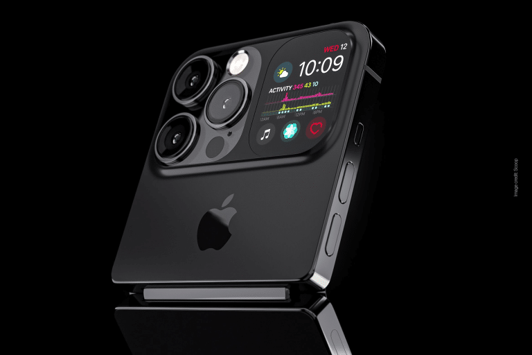 A sleek, black foldable iPhone with three large camera lenses and a small external screen showing time, date, and fitness stats, displayed against a reflective black background. An impressive leap in Apple display production.