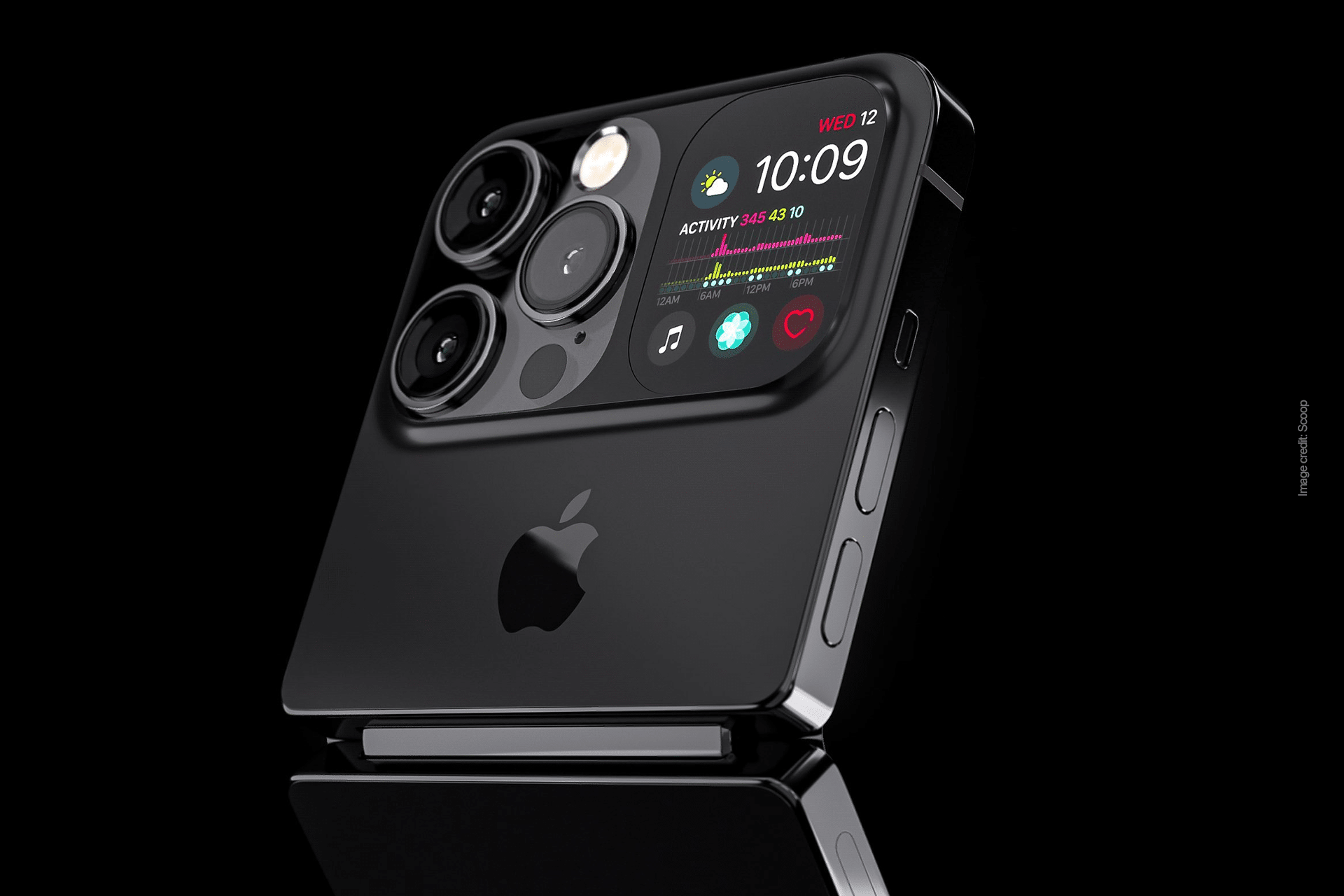 A sleek, black foldable iPhone with three large camera lenses and a small external screen showing time, date, and fitness stats, displayed against a reflective black background. An impressive leap in Apple display production.