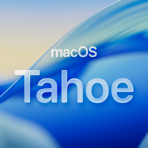 Abstract blue background with soft curves and gradients. Large translucent text reads "macOS Tahoe Public Beta" in the center, inviting Mac users to explore the latest features.