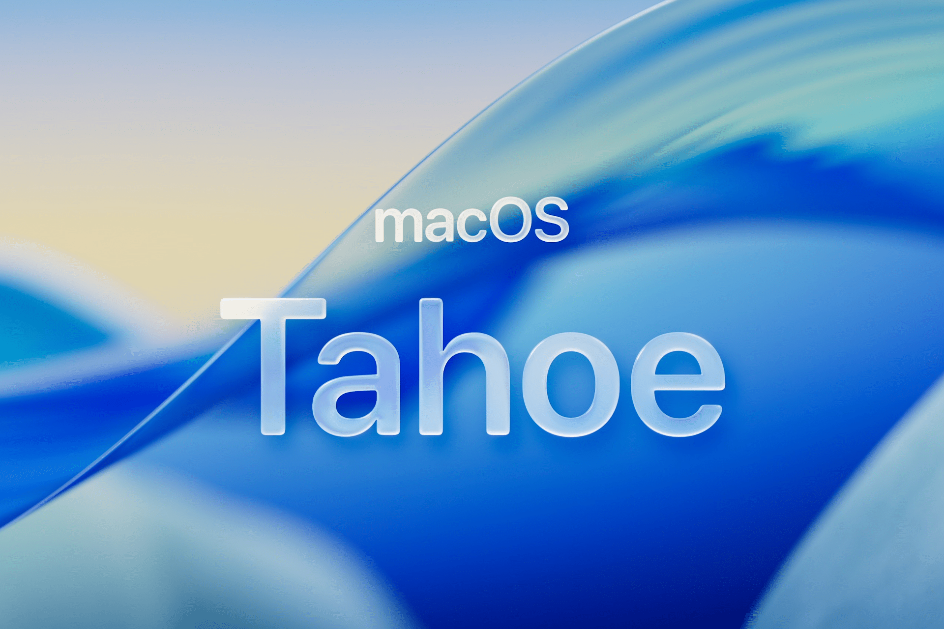 Abstract blue background with soft curves and gradients. Large translucent text reads "macOS Tahoe Public Beta" in the center, inviting Mac users to explore the latest features.
