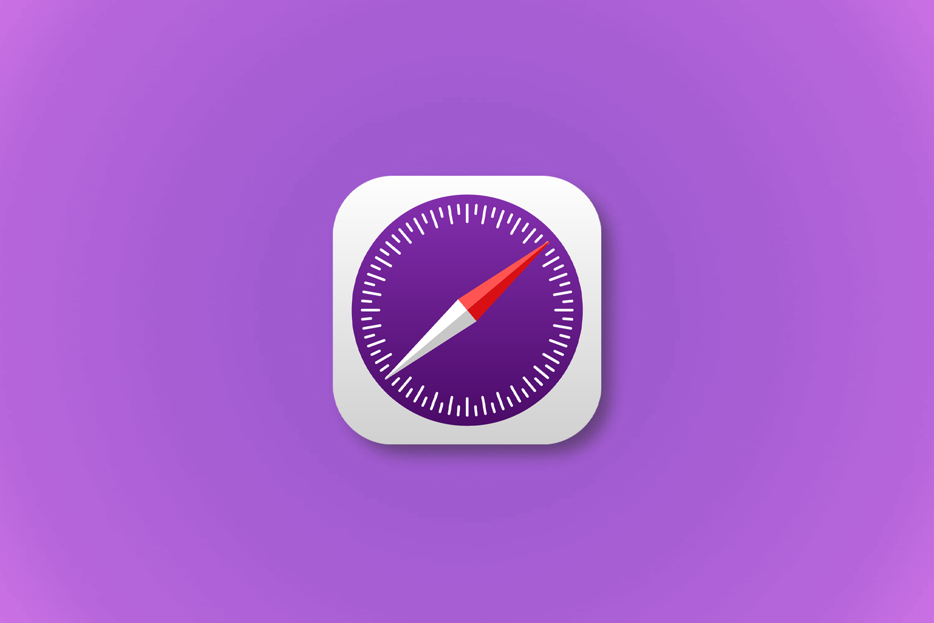 A stylized Safari browser app icon featuring a purple compass and white border is centered on a purple gradient background, inspired by Apple’s Safari Technology Preview for enhanced performance.