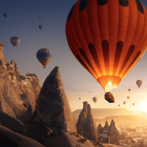 Hot air balloons float over rocky, pointed formations at sunrise in Cappadocia, Turkey. The clear sky and landscape bathed in a golden glow create a cinematic escape, like nature’s own home theatre at dawn.