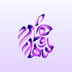 A stylized Apple logo formed with bold, swirling purple and pink ribbon-like lines on a light gradient background, perfect for showcasing your creativity or as a custom wallpaper tool design.