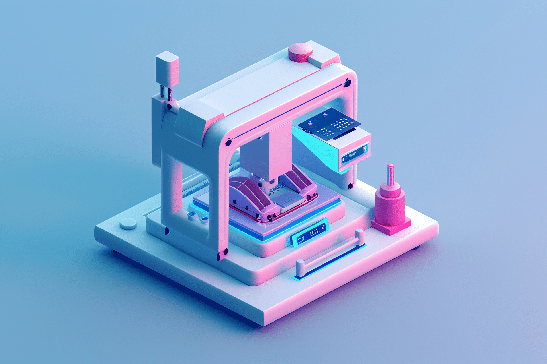 A stylized 3D illustration of a modern 3D printer with a futuristic design, featuring blue and pink lighting, printing an object on its platform with electronic components and advanced toolchangers visible, showcasing the future of 3D printing.
