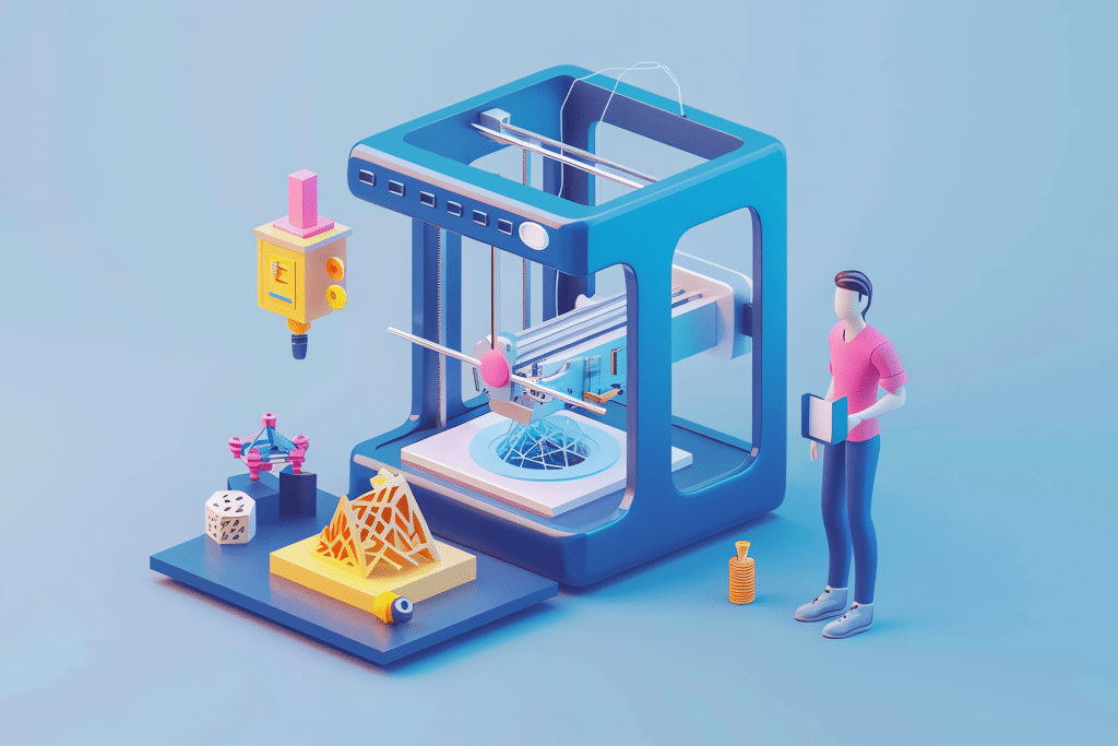 A person stands beside a large 3D printer with advanced toolchangers, creating a geometric object amid various colorful 3D-printed models and tools, all set in a bright, modern, pastel-toned space—a vibrant nod to the growing 3D printing market.