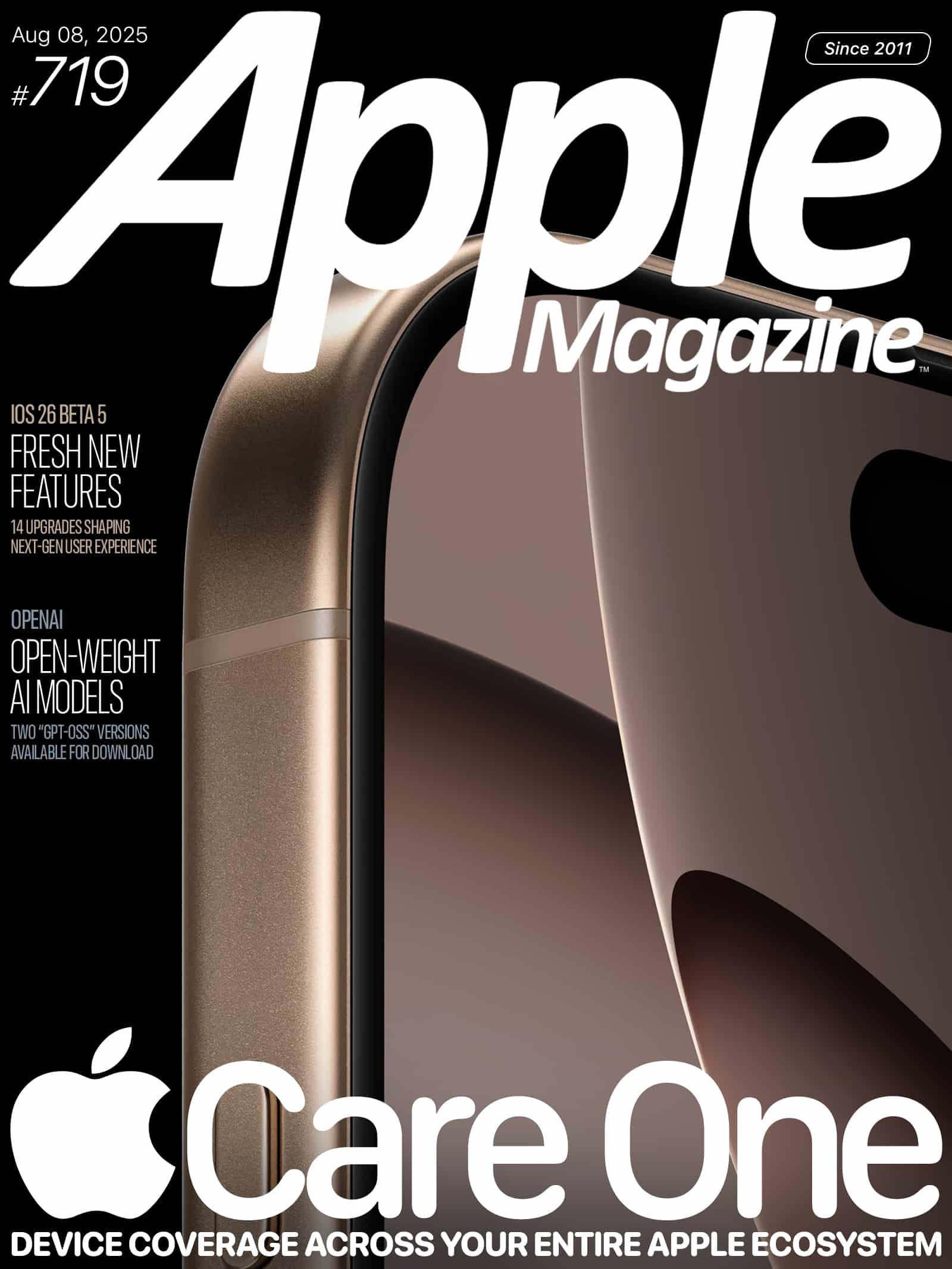 Apple Magazine cover featuring a close-up of a gold iPhone, large "Apple Magazine" title, and headlines about iOS 26 Beta 5, new features, open-weight AI models, and "Care One" device coverage for the Apple ecosystem.