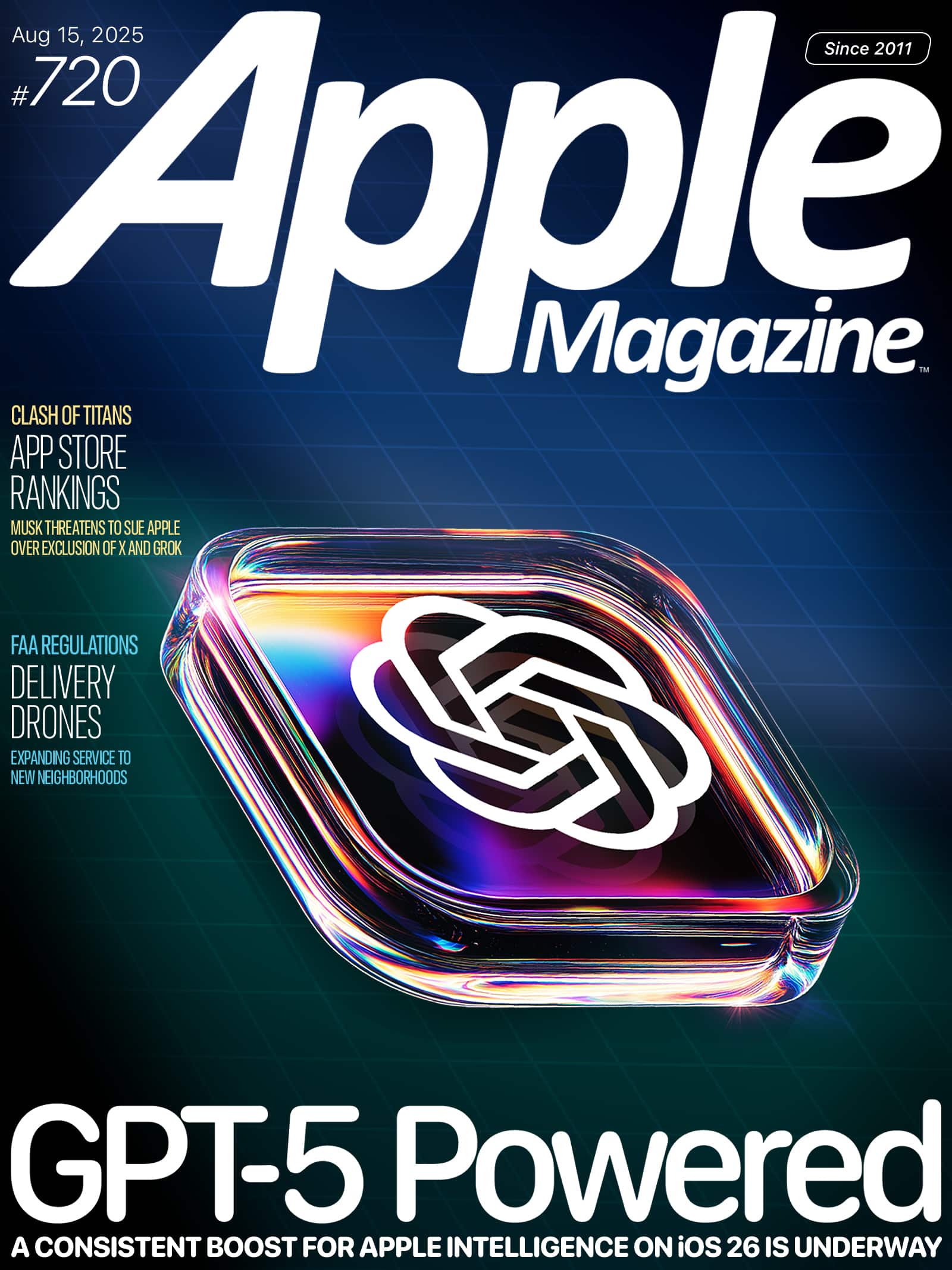 Cover of Apple Magazine, issue #720, featuring a glossy GPT-5 logo on a black background, with headlines about app store rankings, delivery drones, and Apple intelligence on iOS 26.