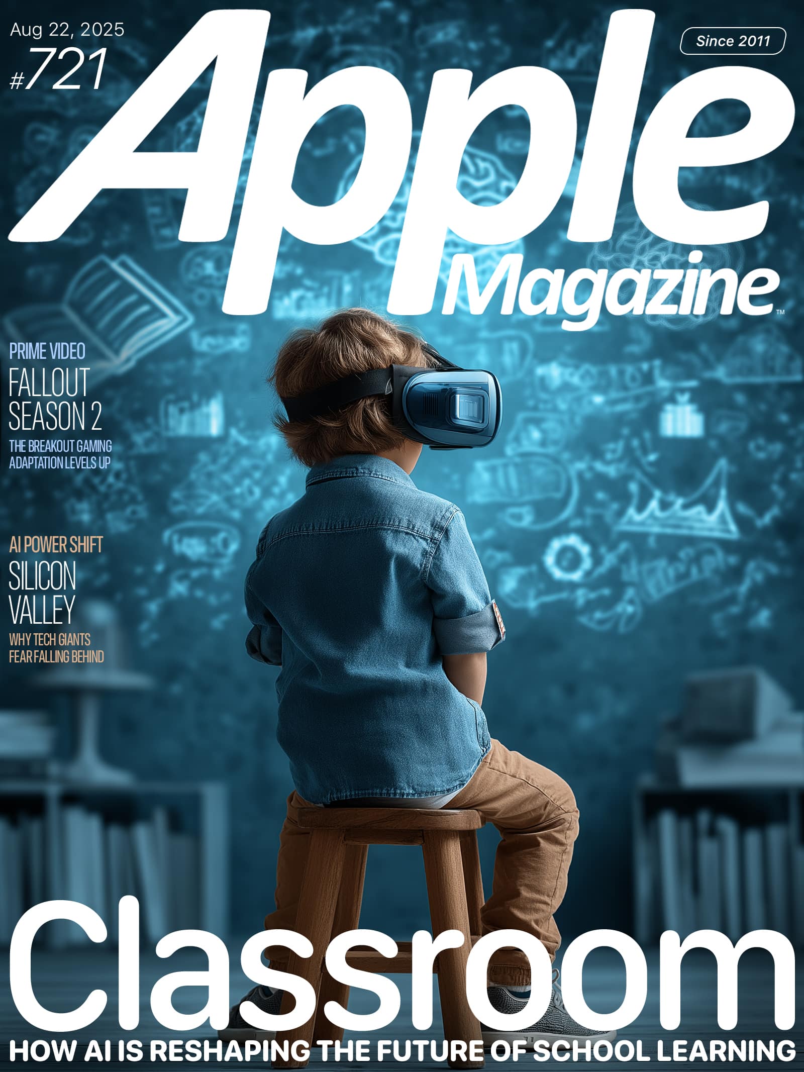 A young child wearing a VR headset sits on a stool in a classroom setting, surrounded by digital and educational icons, featured on the cover of Apple Magazine with the headline, "Classroom: How AI is reshaping the future of school learning.