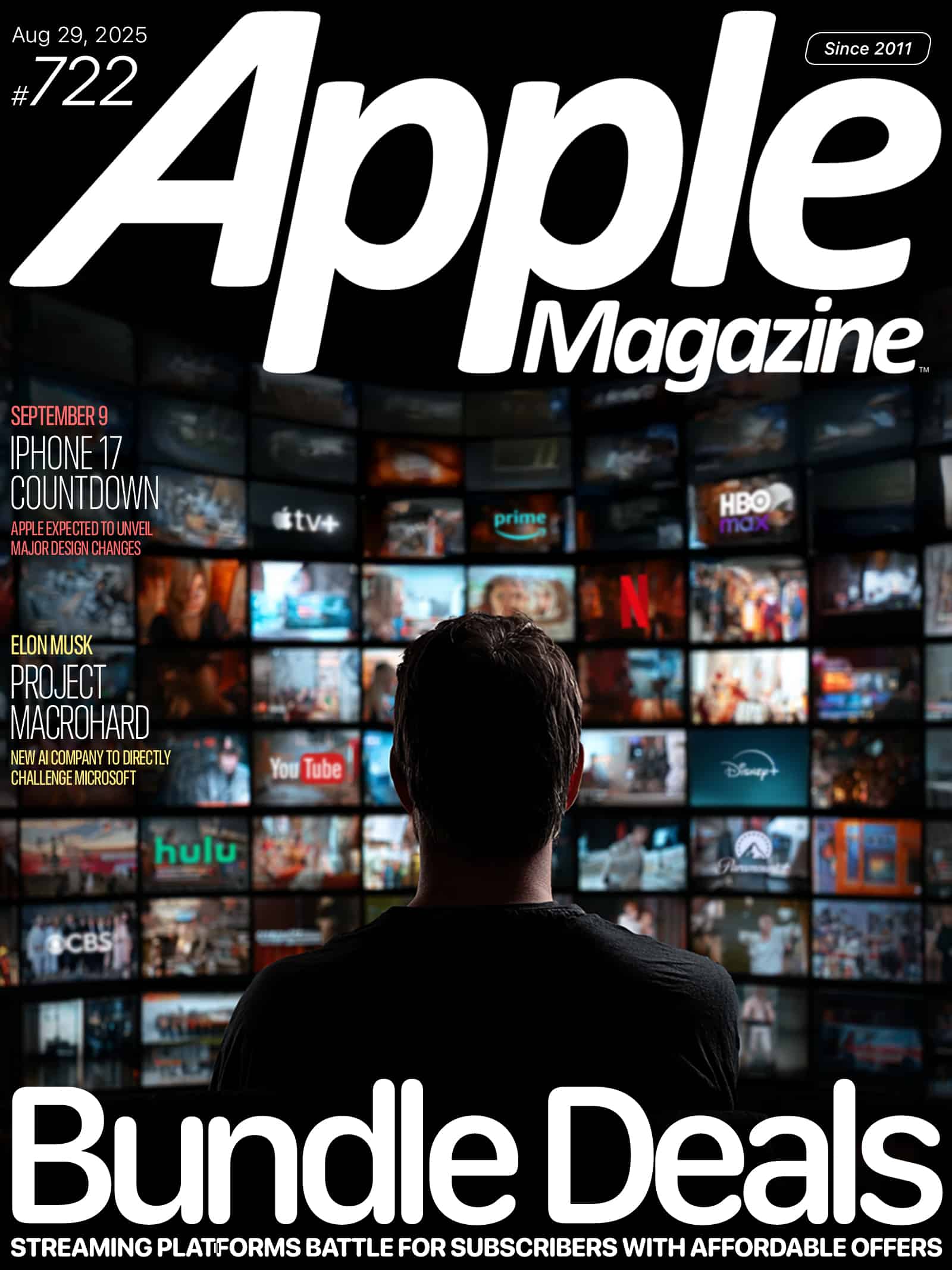 A person sits in front of a large screen displaying various streaming platforms. The Apple Magazine cover headlines “Bundle Deals” and highlights stories on iPhone 17, Project Macrohard, and streaming service competition.