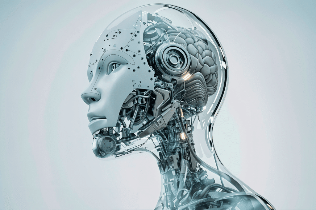 A futuristic humanoid robot with a transparent head revealing mechanical components and an artificial brain, symbolizing Saudi Arabia’s AI Vision, faces left against a light, blurred background.