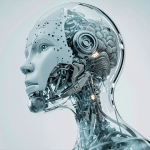 A futuristic humanoid robot with a transparent head revealing mechanical components and an artificial brain, symbolizing Saudi Arabia’s AI Vision, faces left against a light, blurred background.