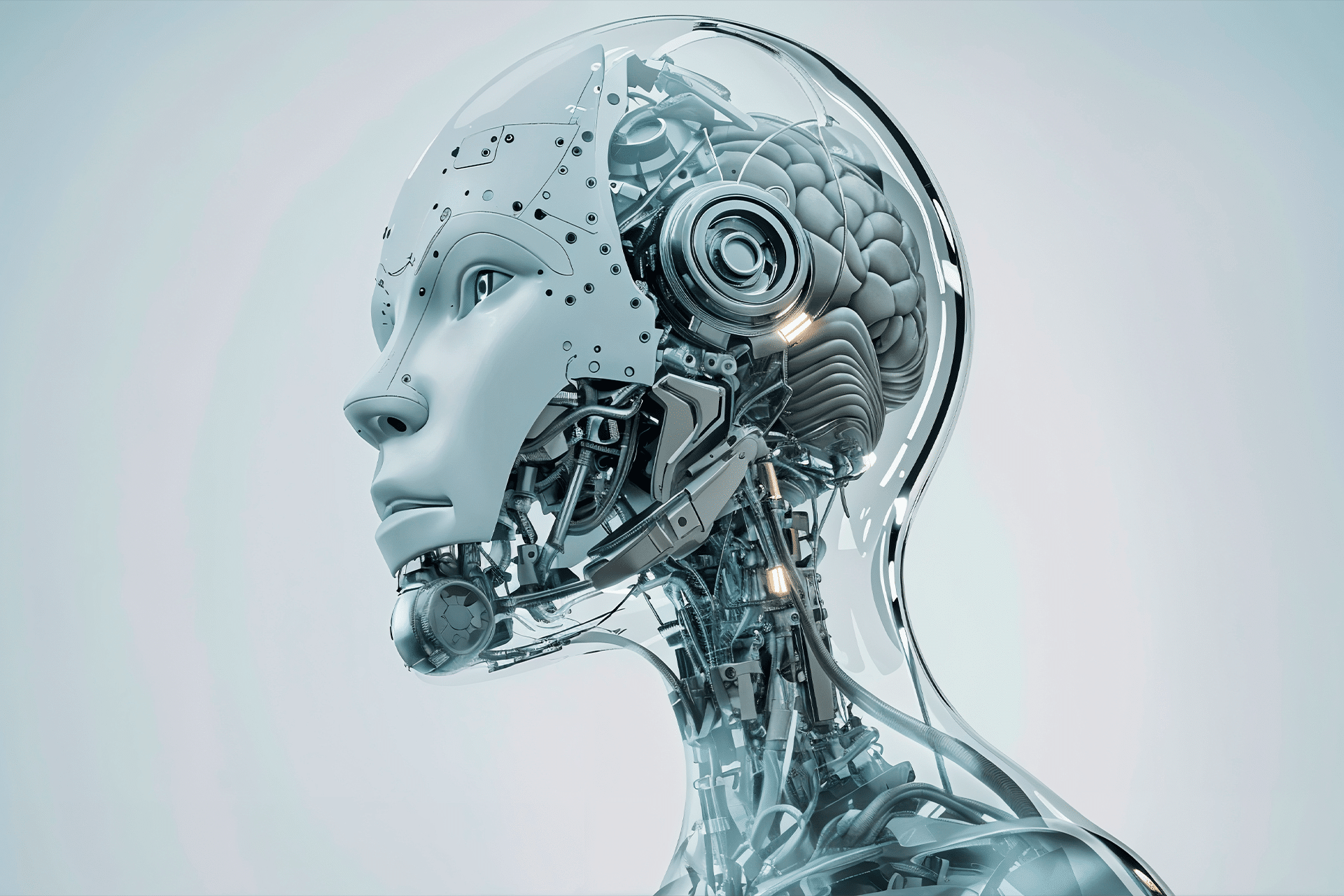 A futuristic humanoid robot with a transparent head revealing mechanical components and an artificial brain, symbolizing Saudi Arabia’s AI Vision, faces left against a light, blurred background.