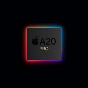 A black microchip labeled "Apple A20 PRO" is centered on a dark background with a glowing, multicolored border, hinting at the advanced A20 chip expected in the 2026 iPhone lineup. A small Apple logo appears in the bottom right corner.