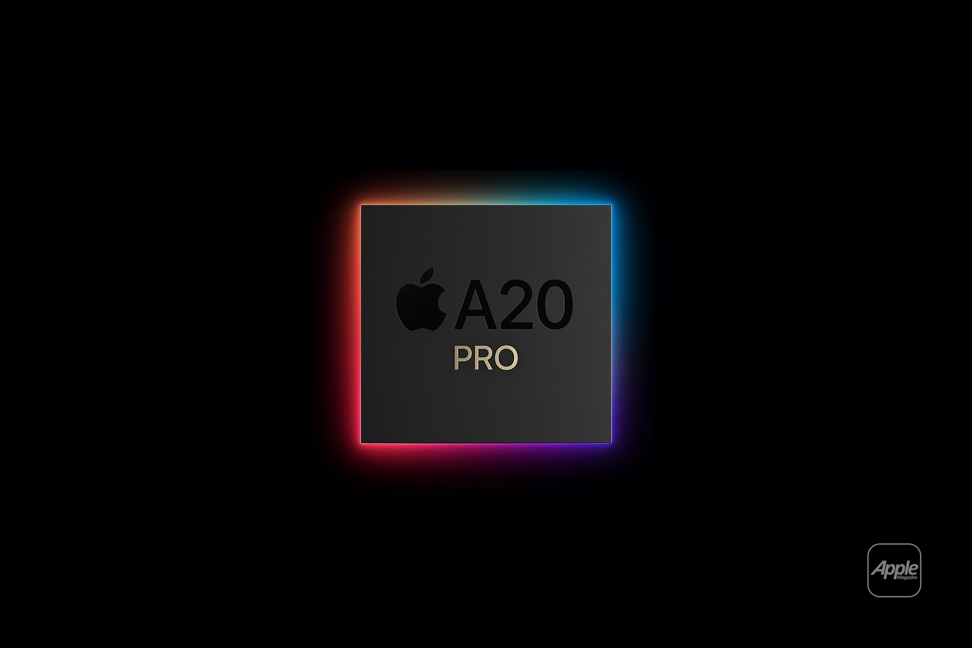 A black microchip labeled "Apple A20 PRO" is centered on a dark background with a glowing, multicolored border, hinting at the advanced A20 chip expected in the 2026 iPhone lineup. A small Apple logo appears in the bottom right corner.