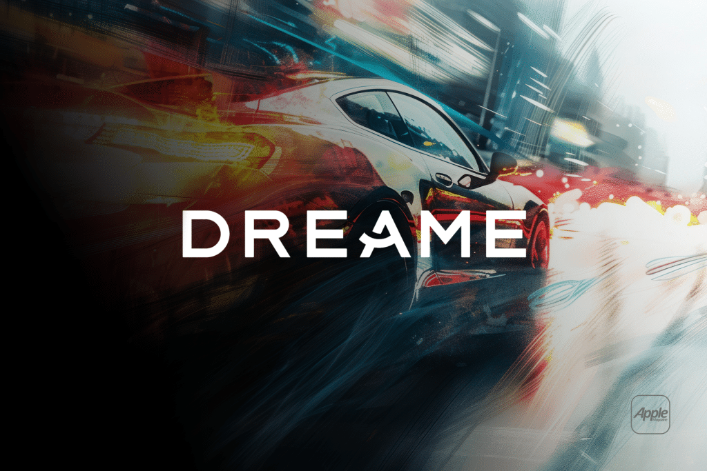 A sleek sports car speeds through a vibrant, futuristic city at night. The word "DREAME" boldly spans the image, with the "A" as a car silhouette. The Apple logo shines in the bottom right corner, blending innovation and ambition.