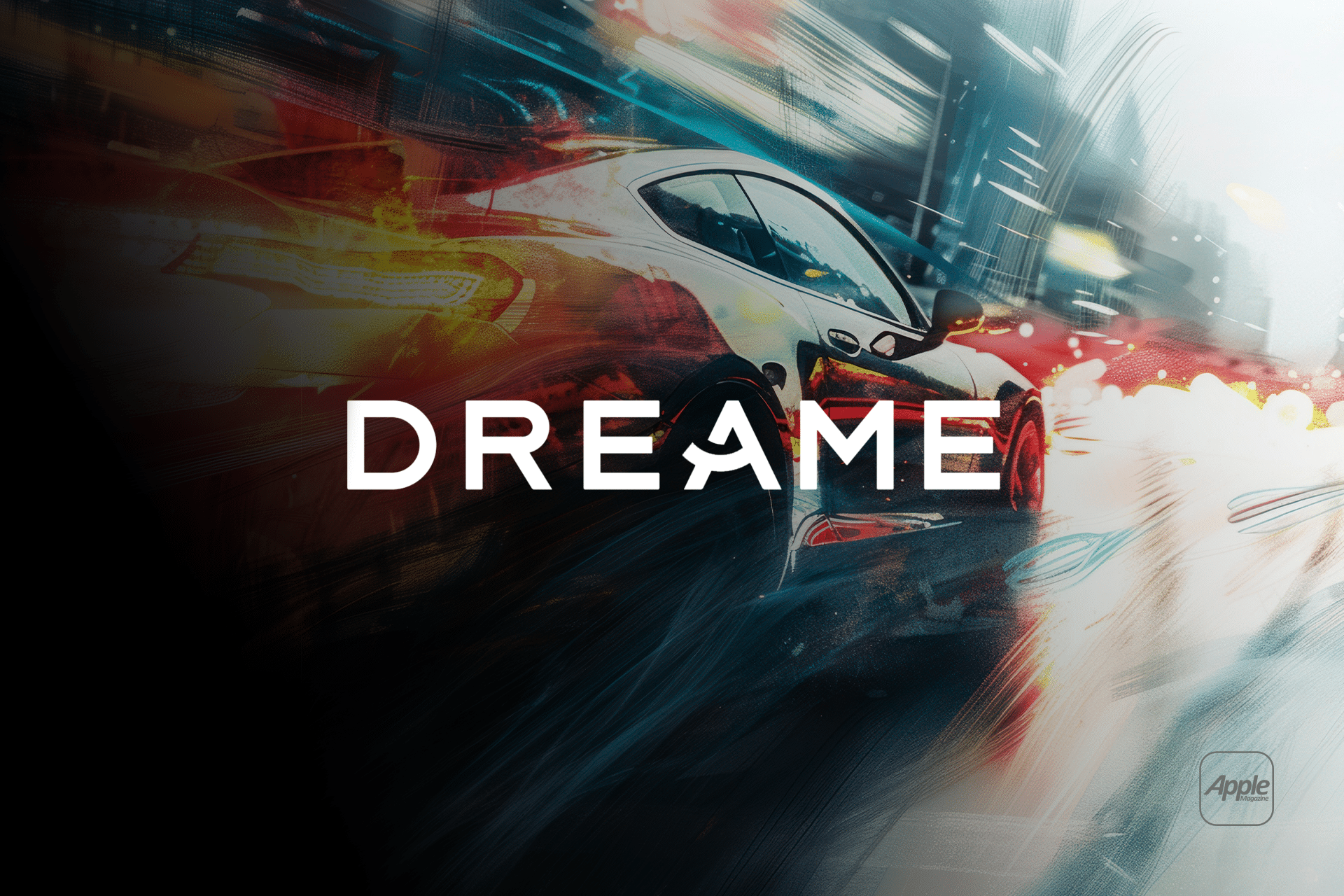 A sleek sports car speeds through a vibrant, futuristic city at night. The word "DREAME" boldly spans the image, with the "A" as a car silhouette. The Apple logo shines in the bottom right corner, blending innovation and ambition.