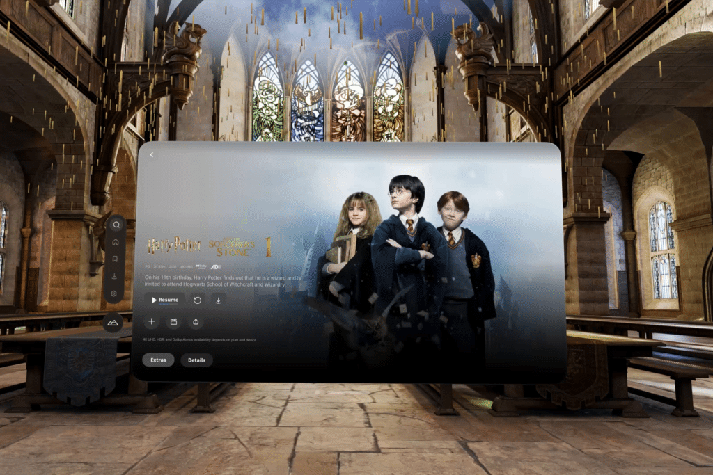 A digital screen in a grand hall with stained glass windows displays "Harry Potter and the Sorcerer's Stone," featuring Hermione, Harry, and Ron in Hogwarts uniforms—showcasing the magic of Digital IDs while maintaining privacy.