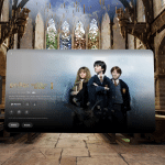 A digital screen in a grand hall with stained glass windows displays "Harry Potter and the Sorcerer's Stone," featuring Hermione, Harry, and Ron in Hogwarts uniforms—showcasing the magic of Digital IDs while maintaining privacy.