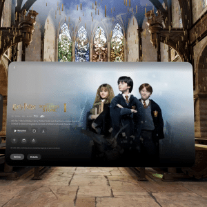 A digital screen in a grand hall with stained glass windows displays "Harry Potter and the Sorcerer's Stone," featuring Hermione, Harry, and Ron in Hogwarts uniforms—showcasing the magic of Digital IDs while maintaining privacy.