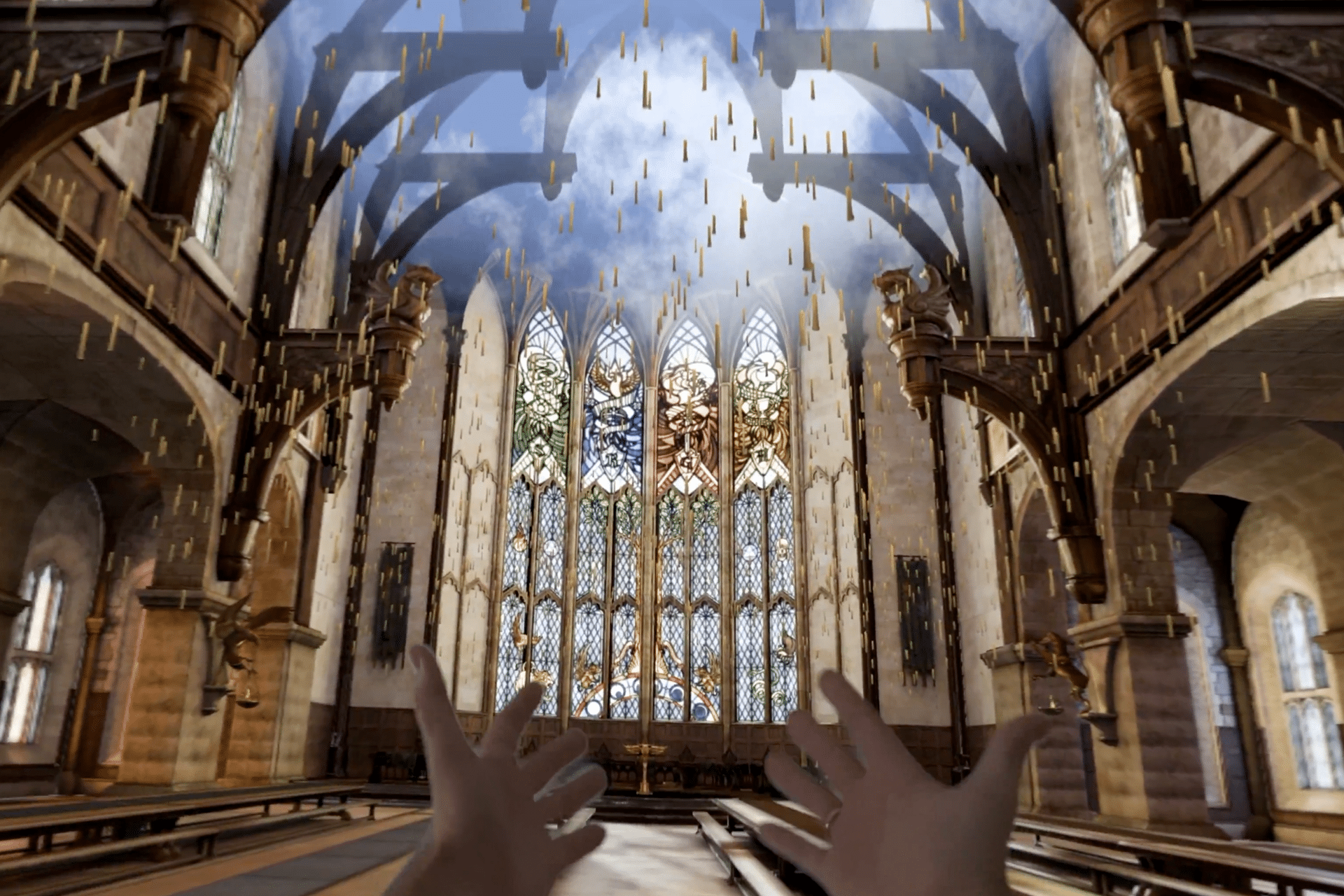 A pair of hands are raised in a grand hall with tall stained-glass windows and floating candles, resembling Hogwarts—a magical setting straight out of an HBO series.