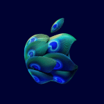 The Apple logo is decorated with vibrant blue and green peacock feathers on a dark blue background, reflecting the lively spirit of Bengaluru and the innovative tech vibe of the Apple Hebbal Store.
