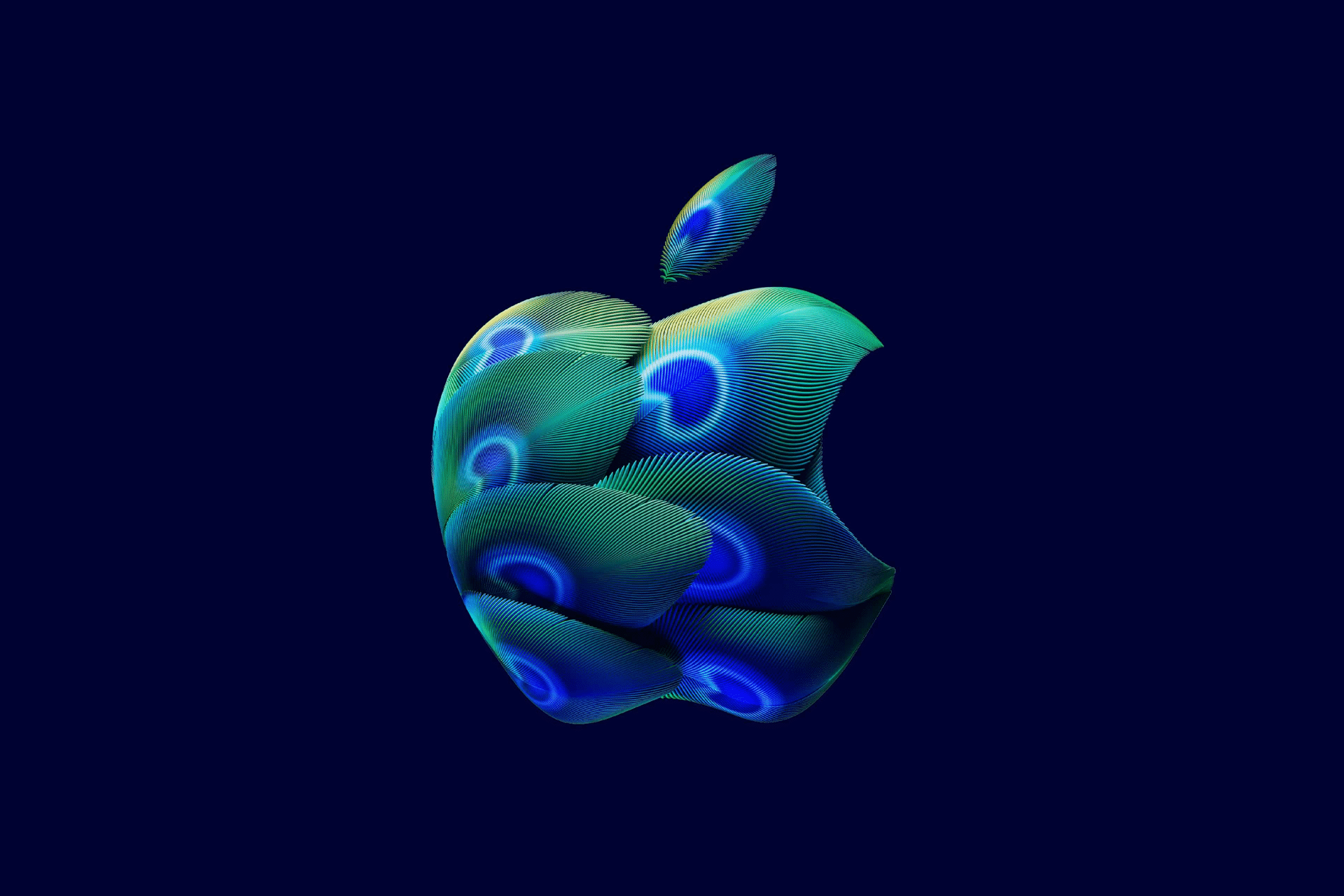 The Apple logo is decorated with vibrant blue and green peacock feathers on a dark blue background, reflecting the lively spirit of Bengaluru and the innovative tech vibe of the Apple Hebbal Store.