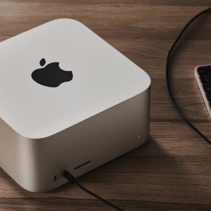 A silver Mac Studio desktop computer sits on a wooden desk next to a black keyboard, with cables connected to the ports—perfect for managing your workflow or automating tasks using the Shortcuts App.