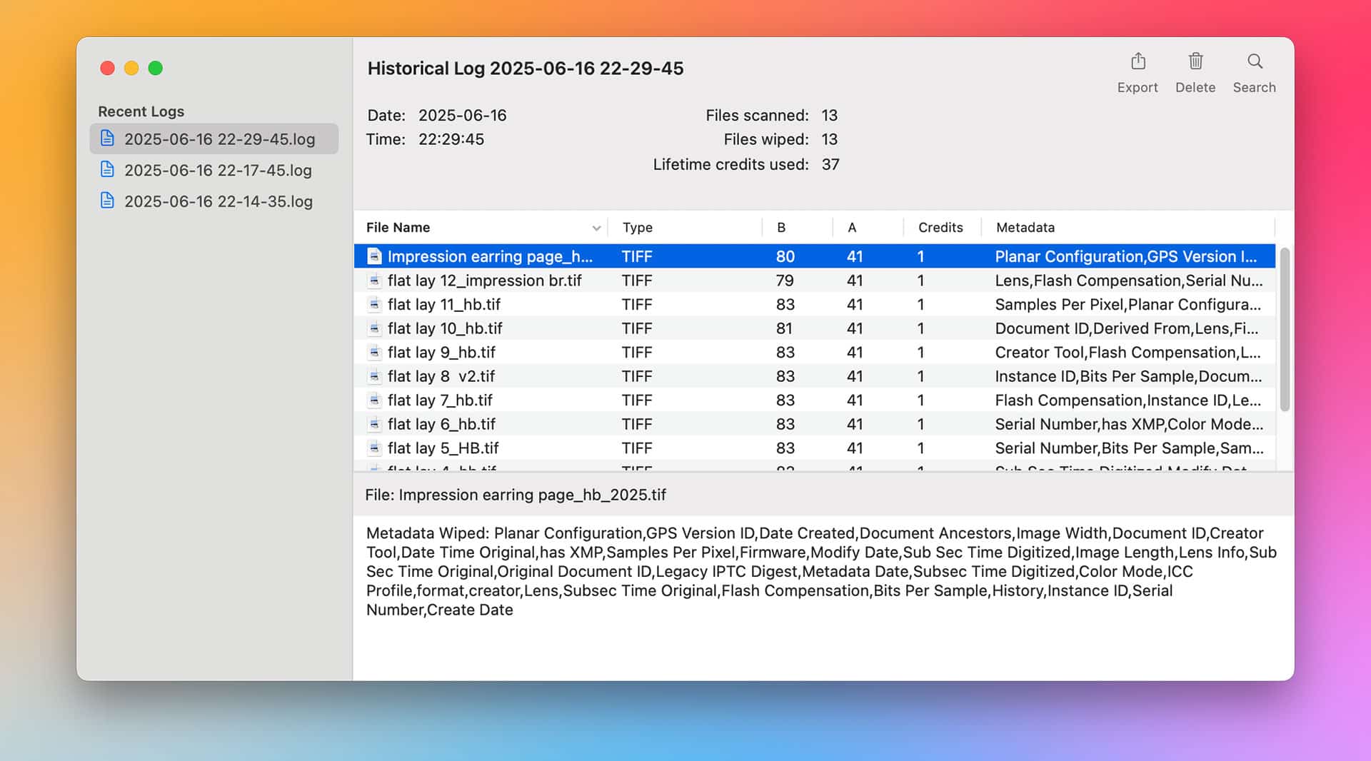 A Mac computer screen displays a file management window with a historical log, listing scanned image files, SecureMac metadata eraser details, and info like file type, size, and date. The “Impression earring page_hi.tif” file is highlighted.