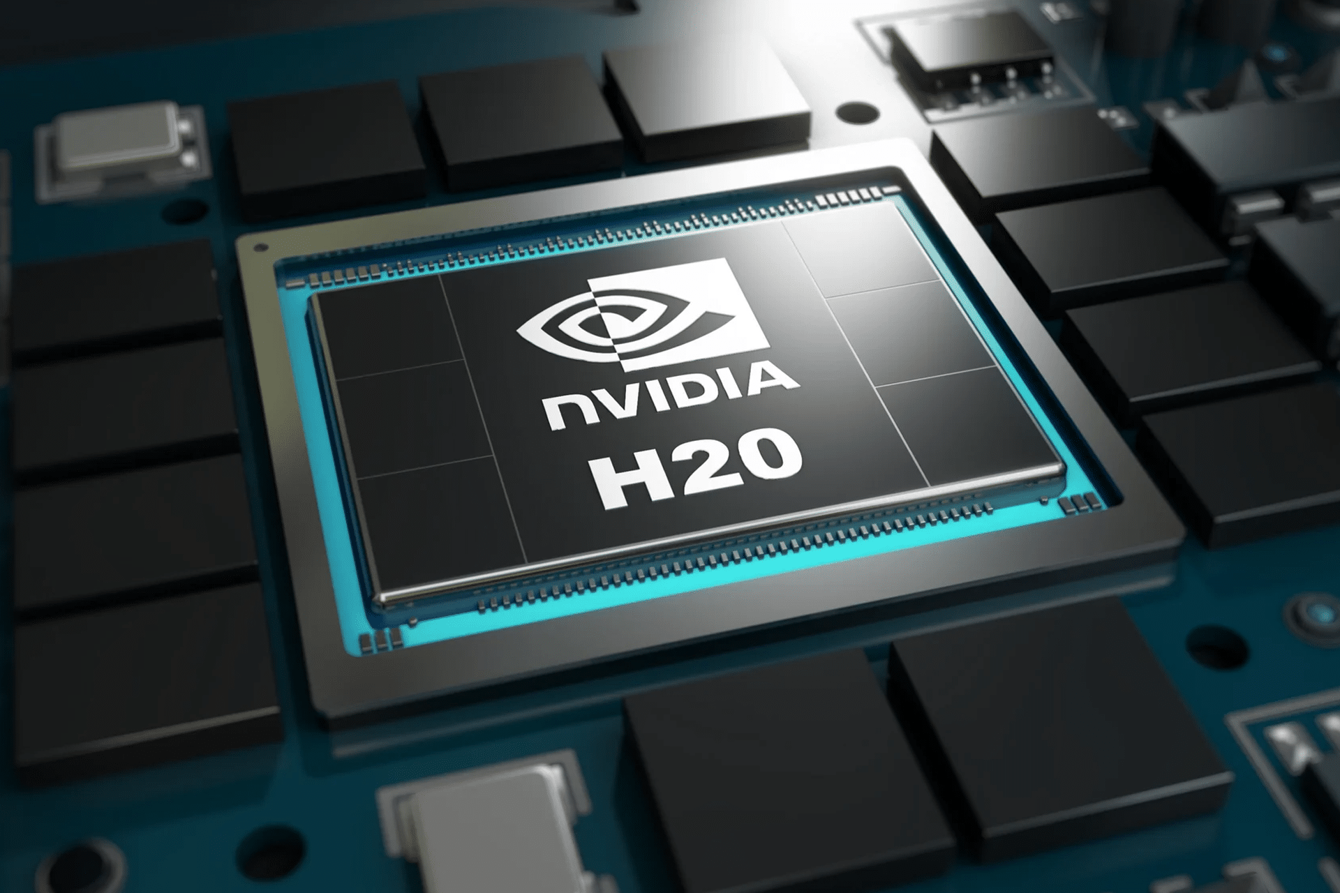 Close-up of an Nvidia H20 computer chip mounted on a circuit board, highlighting the crucial role such chips play in today's evolving landscape of technology and geopolitics.