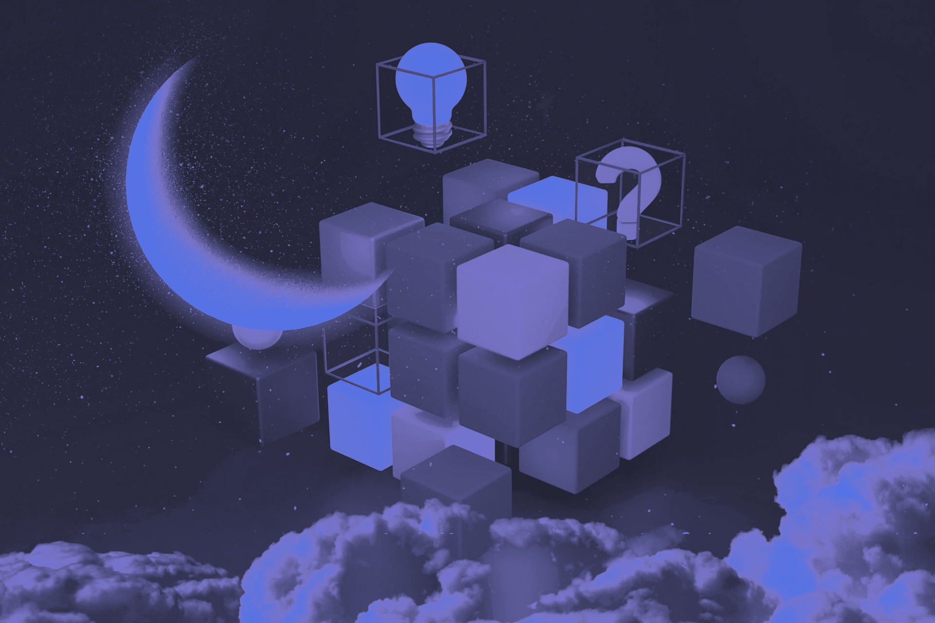 A surreal night scene with a crescent moon, floating 3D cubes, and a question mark beside a lightbulb in transparent boxes, all above clouds—evoking the Next Frontier of AI Memory against a dark sky.