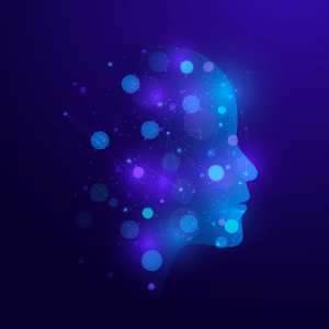A digital illustration of a human head in profile, made up of glowing blue and purple circles and connecting lines, set against a dark gradient background, representing AI Memory or neural networks.