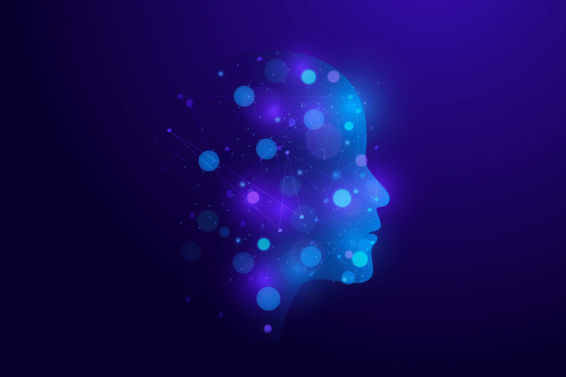 A digital illustration of a human head in profile, made up of glowing blue and purple circles and connecting lines, set against a dark gradient background, representing AI Memory or neural networks.