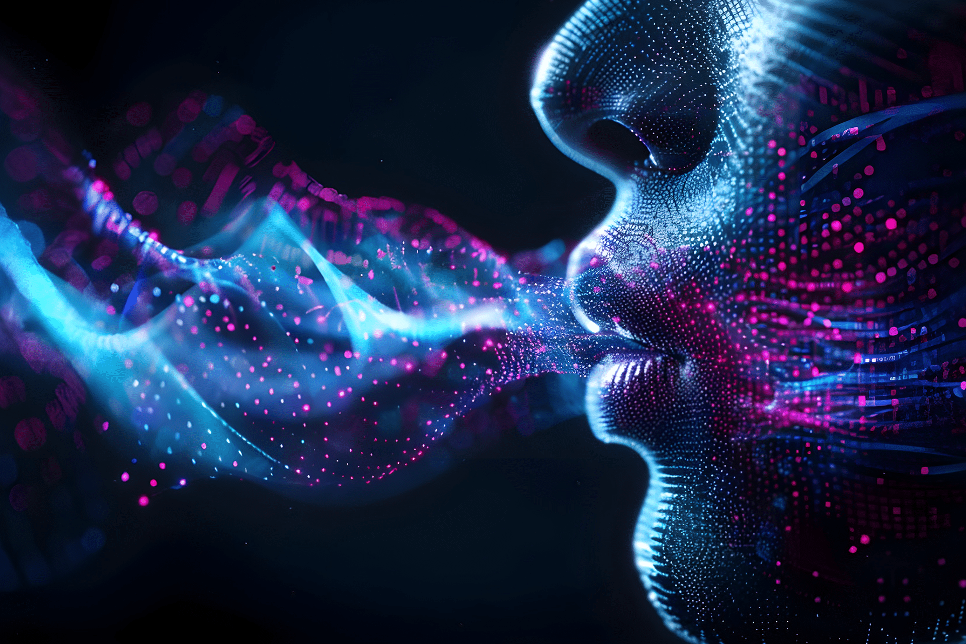 A glowing digital face in profile exhales a swirling stream of bright, colorful particles and lines, illustrating a fusion of technology, communication, and artificial intelligence powered by Microsoft AI against a dark background.