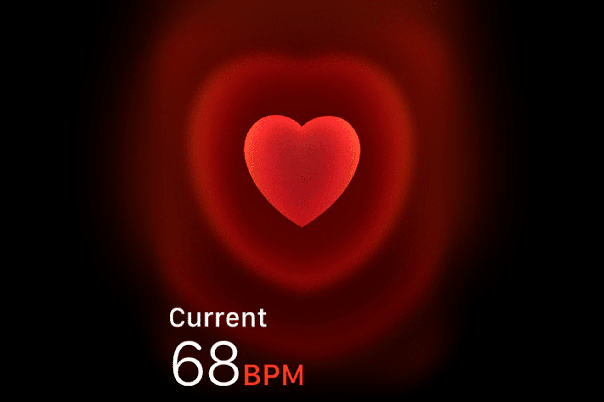 A glowing red heart icon is centered on a dark background with a soft red aura. Below, white and red text reads "Current 68 BPM," reflecting real-time heart rate alerts like those from an Apple Watch.