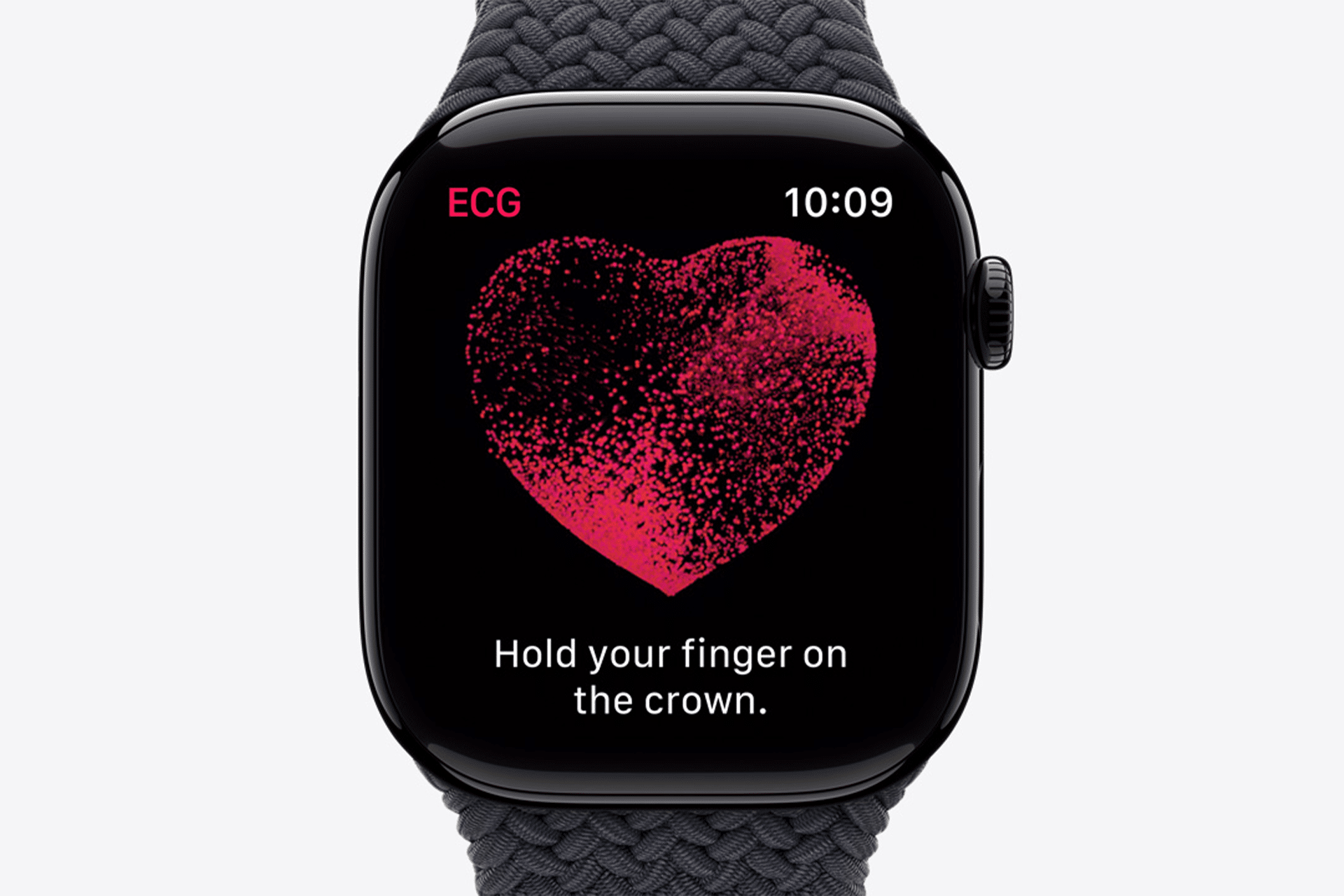 A smartwatch screen shows a red, pixelated heart with "ECG" and "10:09" at the top, highlighting Heart Rate Alerts. Text below reads, "Hold your finger on the crown." The Apple Watch has a woven dark gray band.
