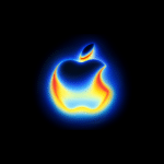 A glowing Apple logo shines with a vibrant gradient of blue, yellow, and red hues on a black background, creating a neon, heat-map effect reminiscent of the iconic style seen at an Apple September event.