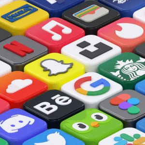 3D-rendered colorful cubes display popular app and brand logos, including Instagram, Netflix, Starbucks, Google, Snapchat, and other third-party apps compatible with Siri integration on Apple devices.