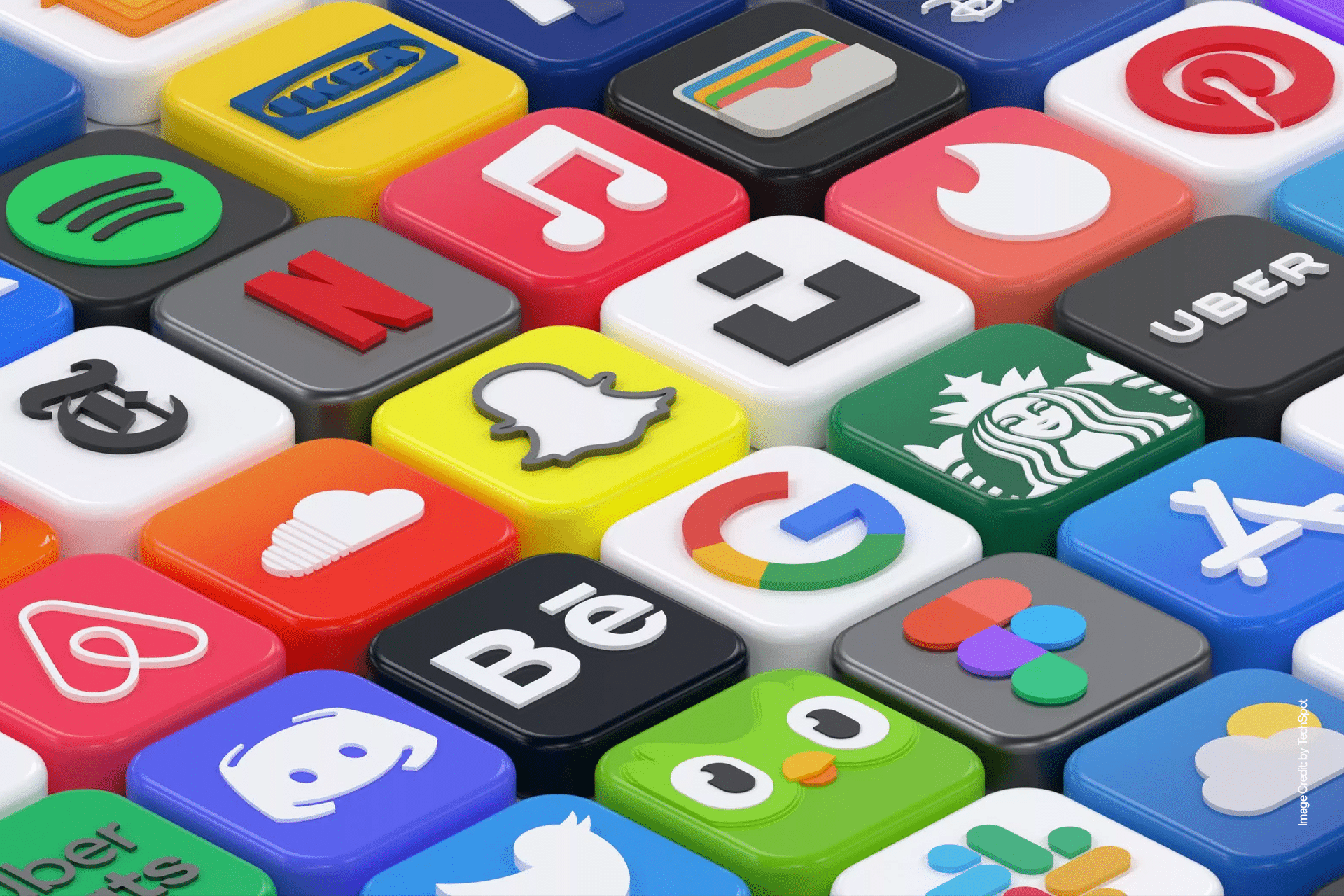 3D-rendered colorful cubes display popular app and brand logos, including Instagram, Netflix, Starbucks, Google, Snapchat, and other third-party apps compatible with Siri integration on Apple devices.