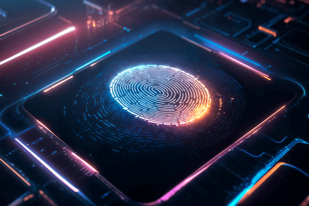 A glowing digital fingerprint is displayed at the center of a futuristic microchip, surrounded by neon lights and circuit patterns, symbolizing privacy and secure technology for Digital IDs and digital identity authentication.