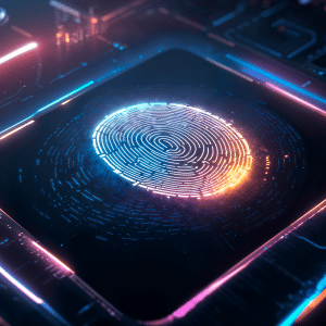 A glowing digital fingerprint is displayed at the center of a futuristic microchip, surrounded by neon lights and circuit patterns, symbolizing privacy and secure technology for Digital IDs and digital identity authentication.