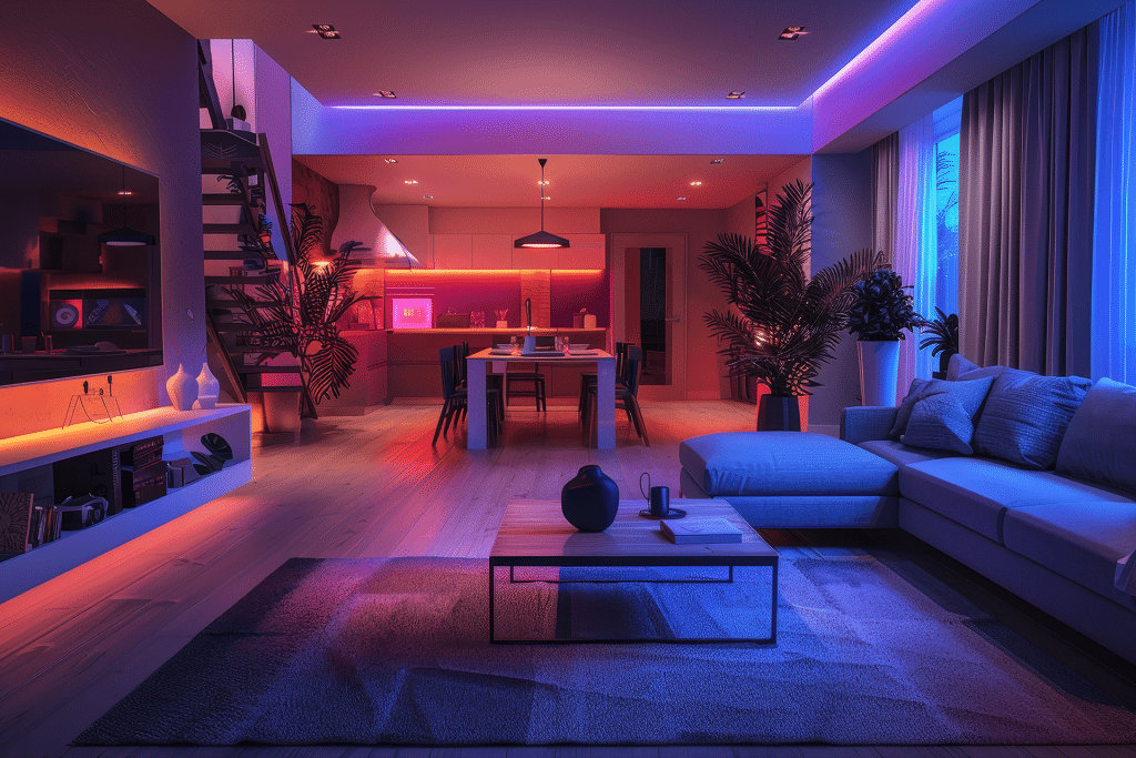 A modern open-plan living and kitchen area is lit with vibrant purple, blue, and orange LED lights, featuring a sectional sofa, dining table, plants, shelves, large windows with curtains, and smart home features like a doorbell camera.