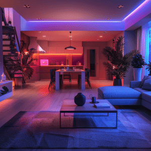 A modern open-plan living and kitchen area is lit with vibrant purple, blue, and orange LED lights, featuring a sectional sofa, dining table, plants, shelves, large windows with curtains, and smart home features like a doorbell camera.