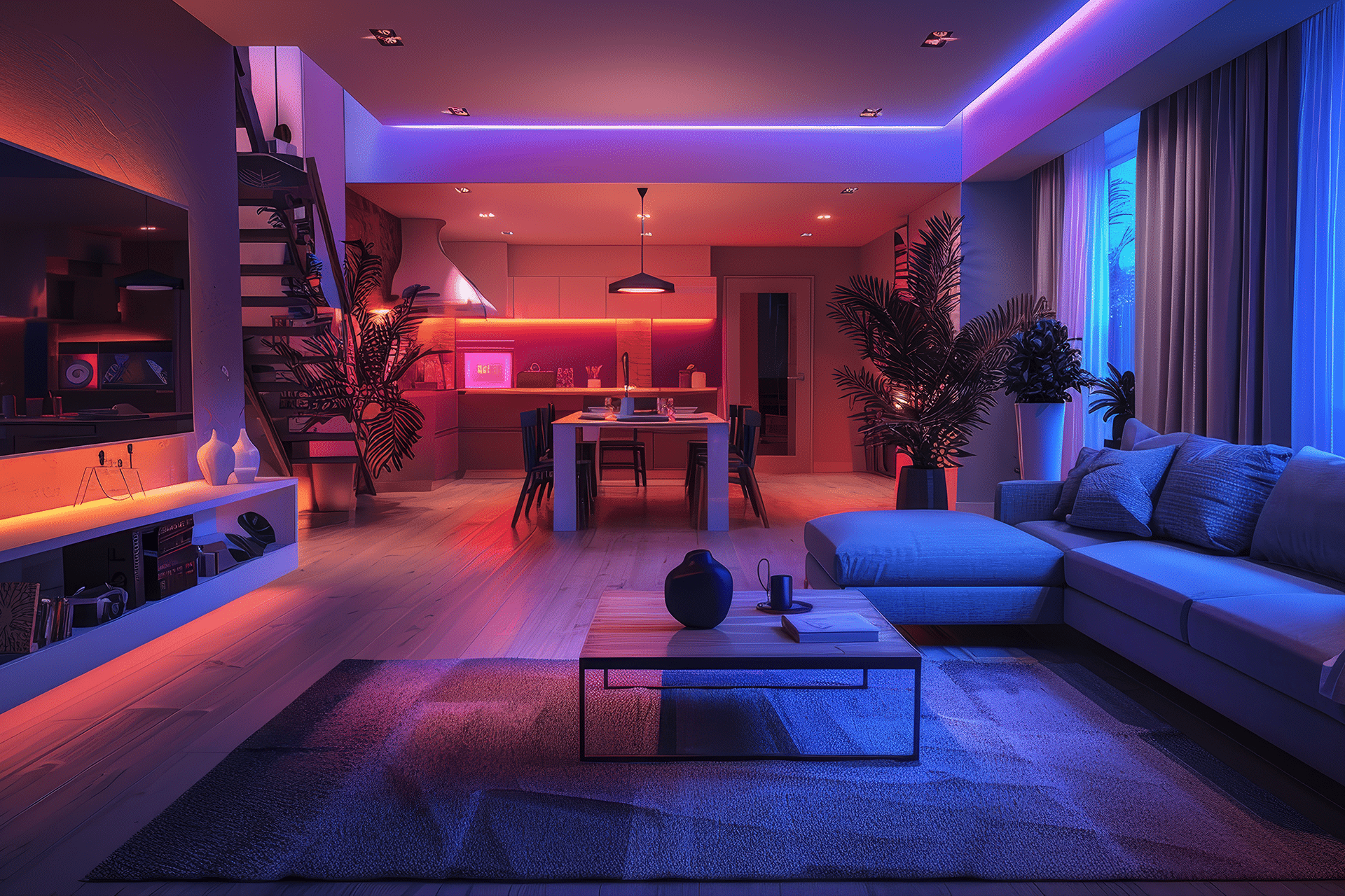 A modern open-plan living and kitchen area is lit with vibrant purple, blue, and orange LED lights, featuring a sectional sofa, dining table, plants, shelves, large windows with curtains, and smart home features like a doorbell camera.