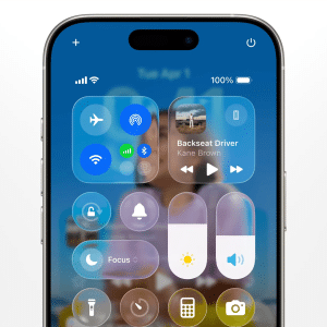 A smartphone screen features the iOS Control Center with a new look, displaying toggles for Wi-Fi, Bluetooth, Airplane Mode, brightness, volume, Focus mode, and a music player playing "Backseat Driver" by Kane Brown alongside iPhone app icons.