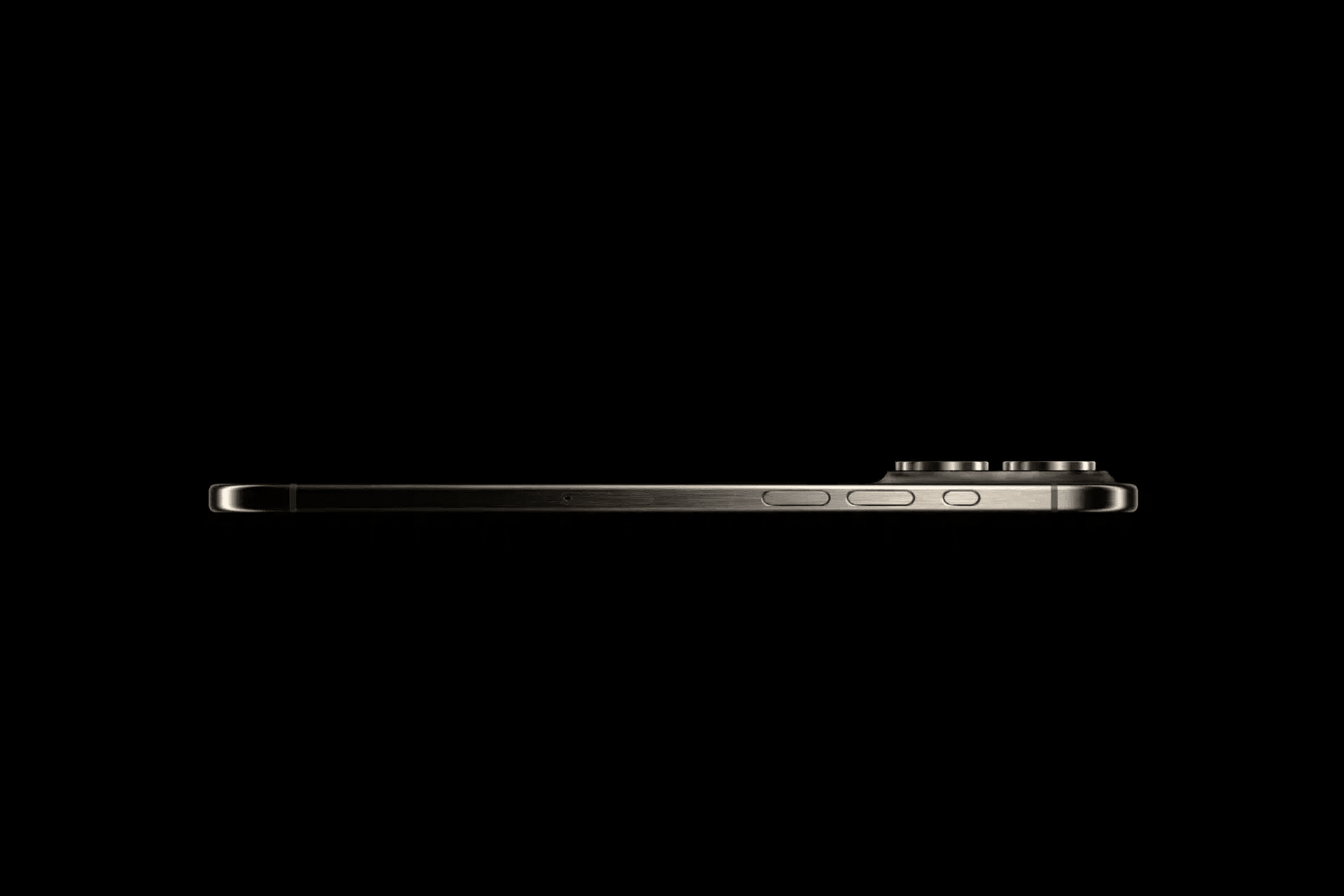 A side view of the iPhone 17 Air against a black background, highlighting its innovative design, impressive thinness, sleek profile, buttons, and raised rear camera bump.